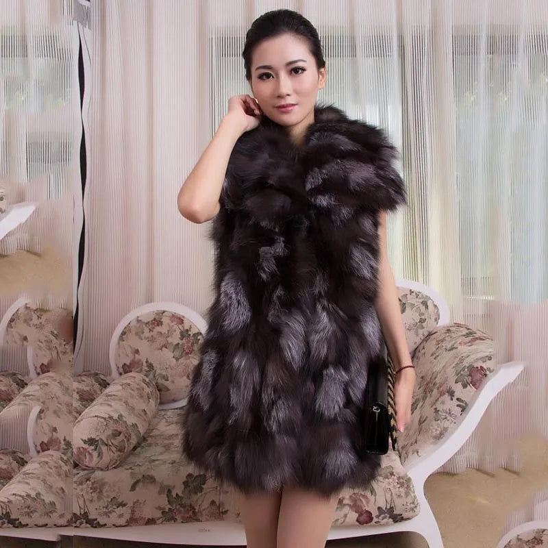 CITSLX Women Real Fox Fur Long Vest Fashion Ladies Winter Sleeveless Belt Design Thick Clothes Large Size Raccoon Fur Leather JacketRea