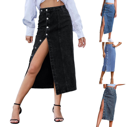 CITSLX Women'S Clothing European And American Button Irregular Slit Denim High Waist Long Skirt Casual Showing Figure