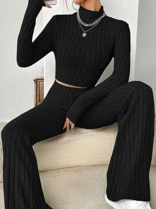 CITSLX Women'S Stand Collar Knit Striped Long Sleeve T-Shirt And Pants Two Piece Set