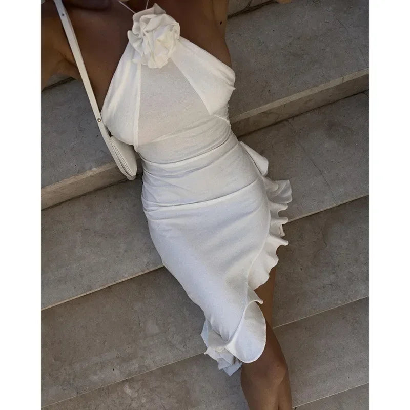 CITSLX Women Sexy Backless Halter Y2K Ruffles Midi Bodycon Club Evening Party Dress Summer 2024 Sleeveless Fashion White Dress