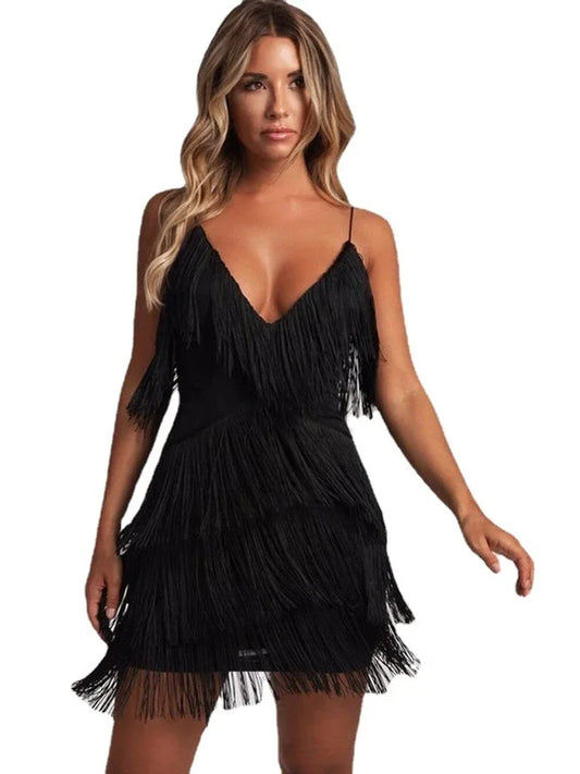 CITSLX Women Sexy Deep V-Neck Spaghetti Straps Fringe Bodycon Mini Dress Tassels 1920s Gatsby Cocktail Latin Club Party Dresses