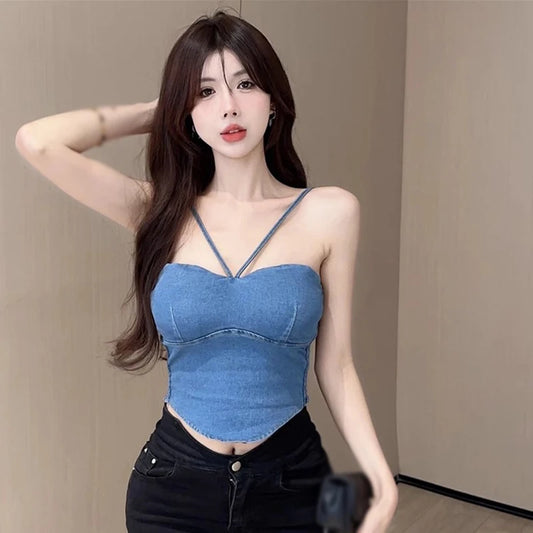 CITSLX Women Sexy Denim Camisole Slim Tank Top With Built In Bra Female Jeans Crop Tops Summer Club Party Cropped Top Vest Streetwear