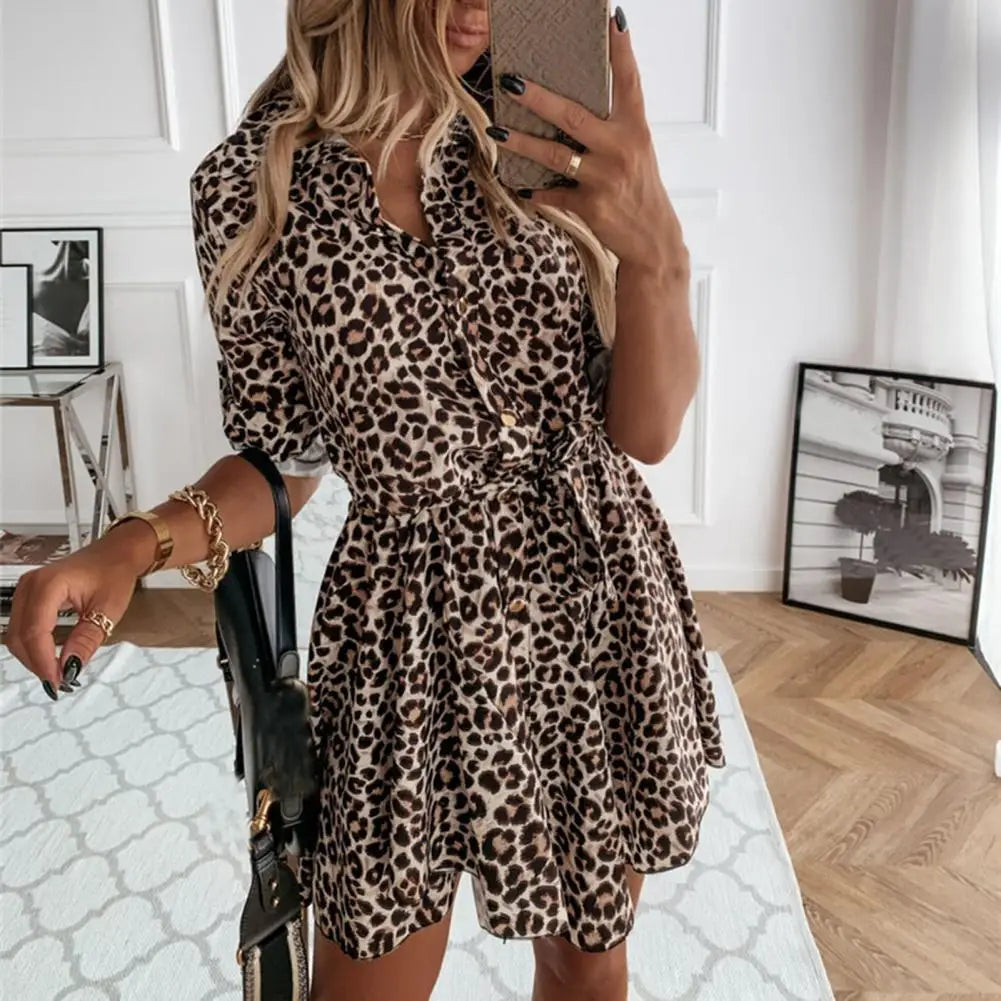 CITSLX Women Shirt Dress Fashion Autumn Lady Leopard Printed Dress Tie Waist Roll up Sleeve Buttons Turn-down Collar Pleated Dress