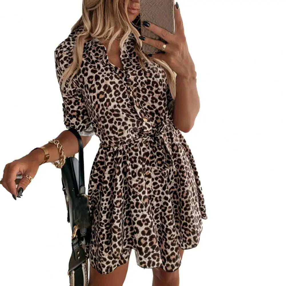 CITSLX Women Shirt Dress Fashion Autumn Lady Leopard Printed Dress Tie Waist Roll up Sleeve Buttons Turn-down Collar Pleated Dress