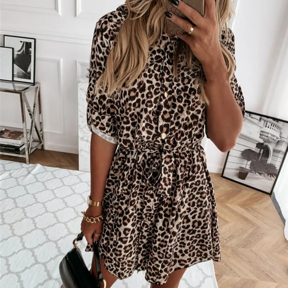 CITSLX Women Shirt Dress Fashion Autumn Lady Leopard Printed Dress Tie Waist Roll up Sleeve Buttons Turn-down Collar Pleated Dress