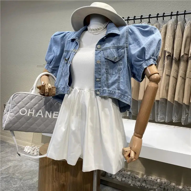 CITSLX Women Short Denim Jacket Autumn  Puff Sleeve Crop Top