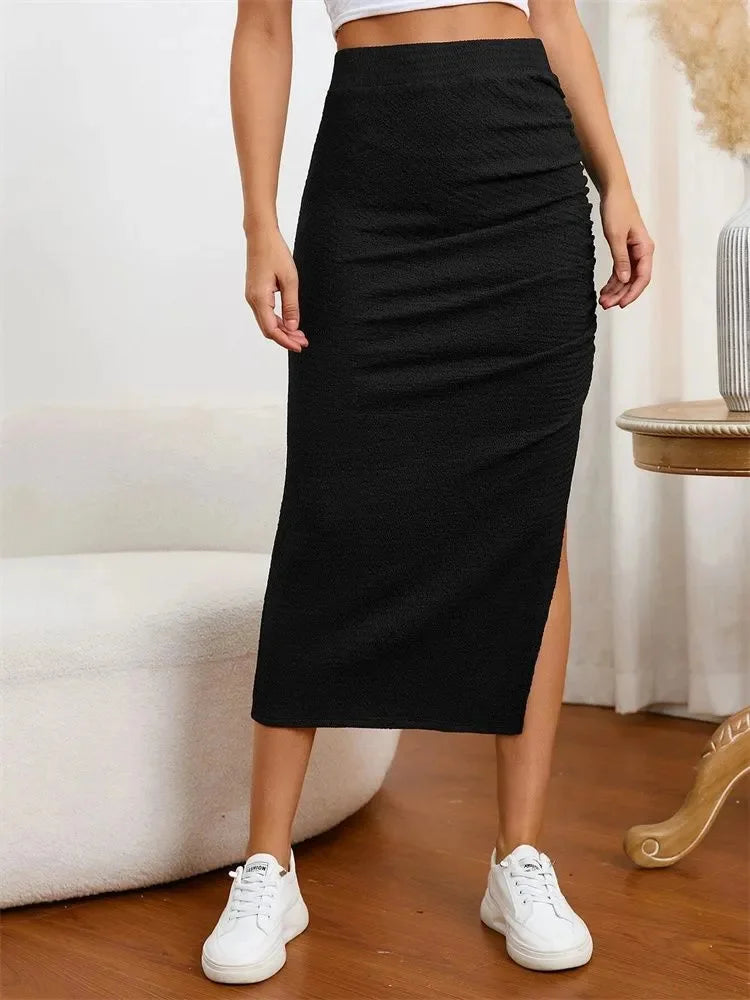 CITSLX Women Side Split Pleated Skirt Autumn Winter 2024 Casual Elegant High Waist Ruched Midi Skirt Streetwear