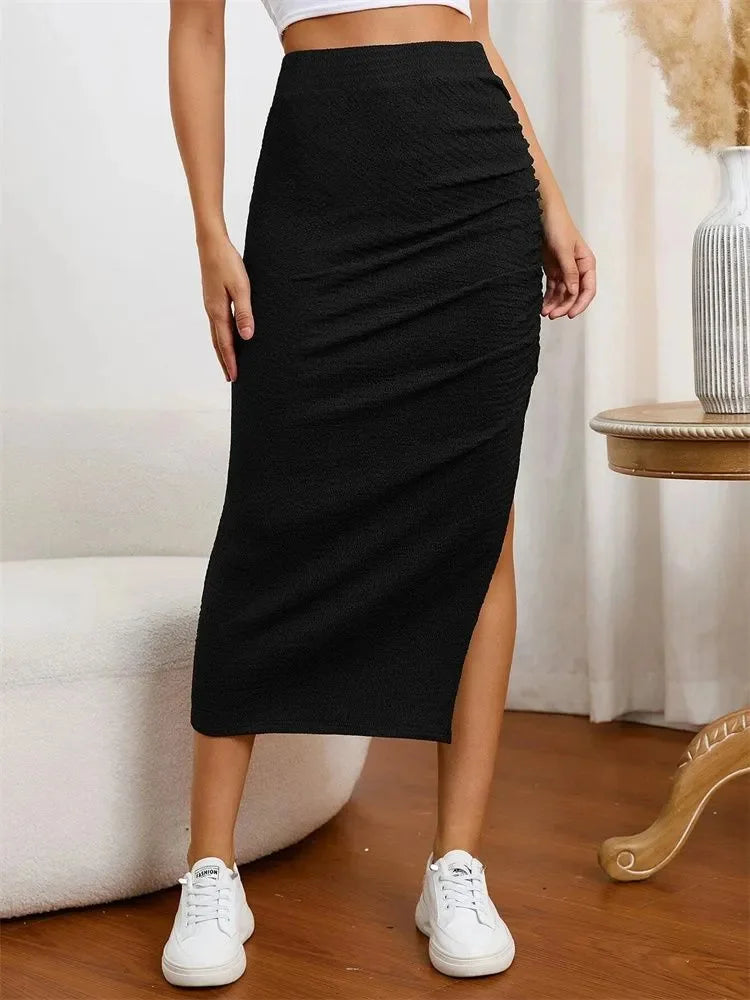 CITSLX Women Side Split Pleated Skirt Autumn Winter 2024 Casual Elegant High Waist Ruched Midi Skirt Streetwear