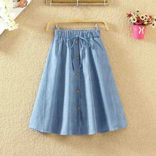 CITSLX Women Single-Breasted High-Waist Mid-Length Skirt Solid Color Denim Skirt