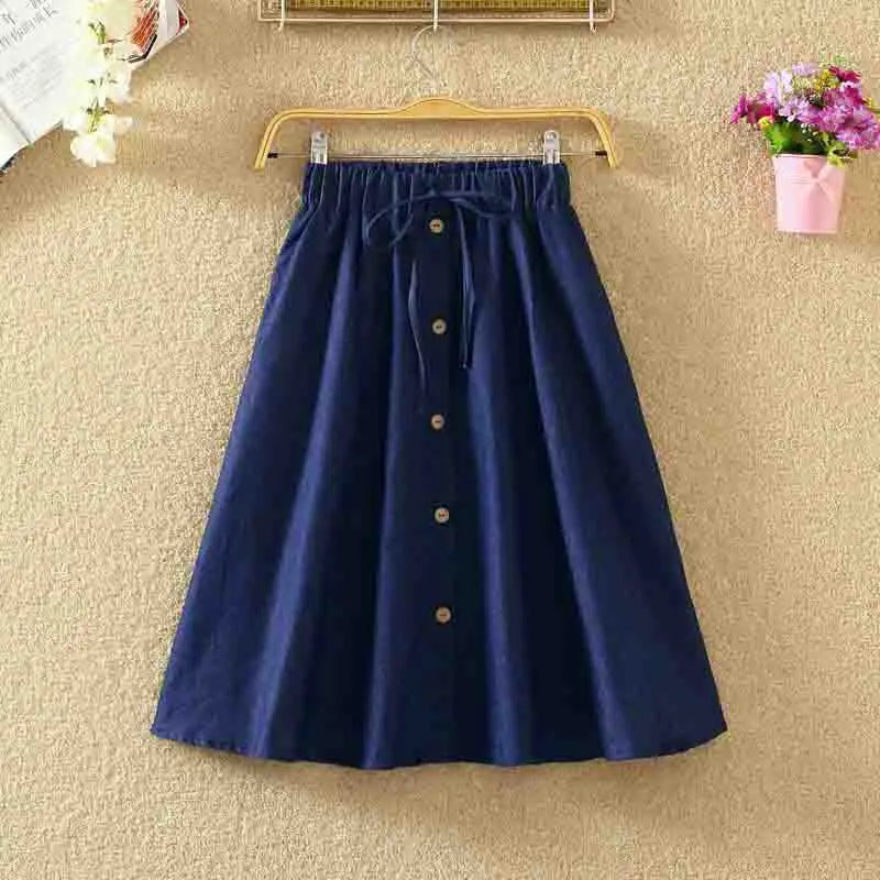 CITSLX Women Single-Breasted High-Waist Mid-Length Skirt Solid Color Denim Skirt