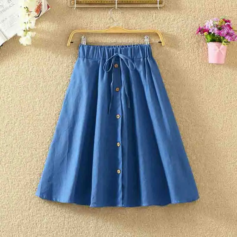 CITSLX Women Single-Breasted High-Waist Mid-Length Skirt Solid Color Denim Skirt