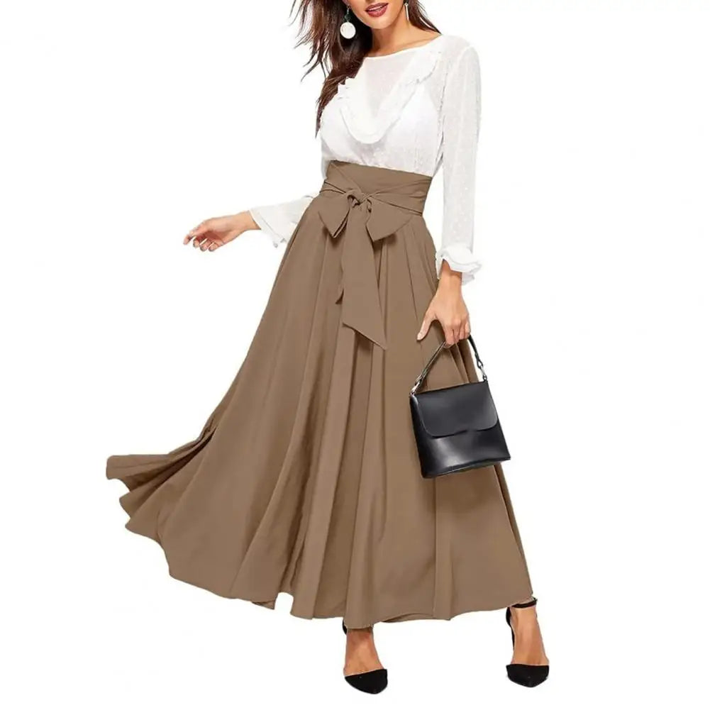 CITSLX Women Skirt Elegant Lace-up Maxi Skirt with High Waist A-line Silhouette Solid Color Pleated Ankle Length for Women for Spring