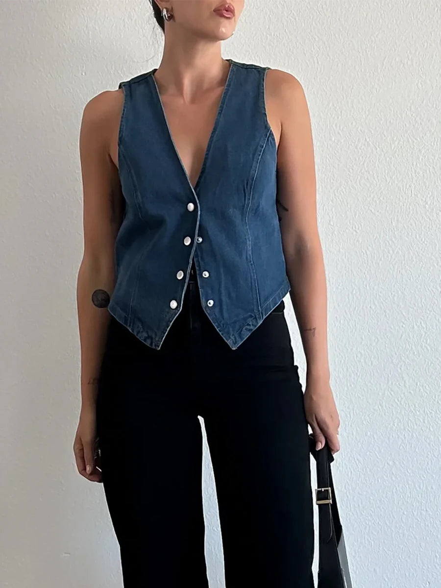 CITSLX Women Sleeveless Denim Vest V Neck Button Up Jean Waistcoat Vest with Pockets Casual Vintage Denim Crop Streetwear