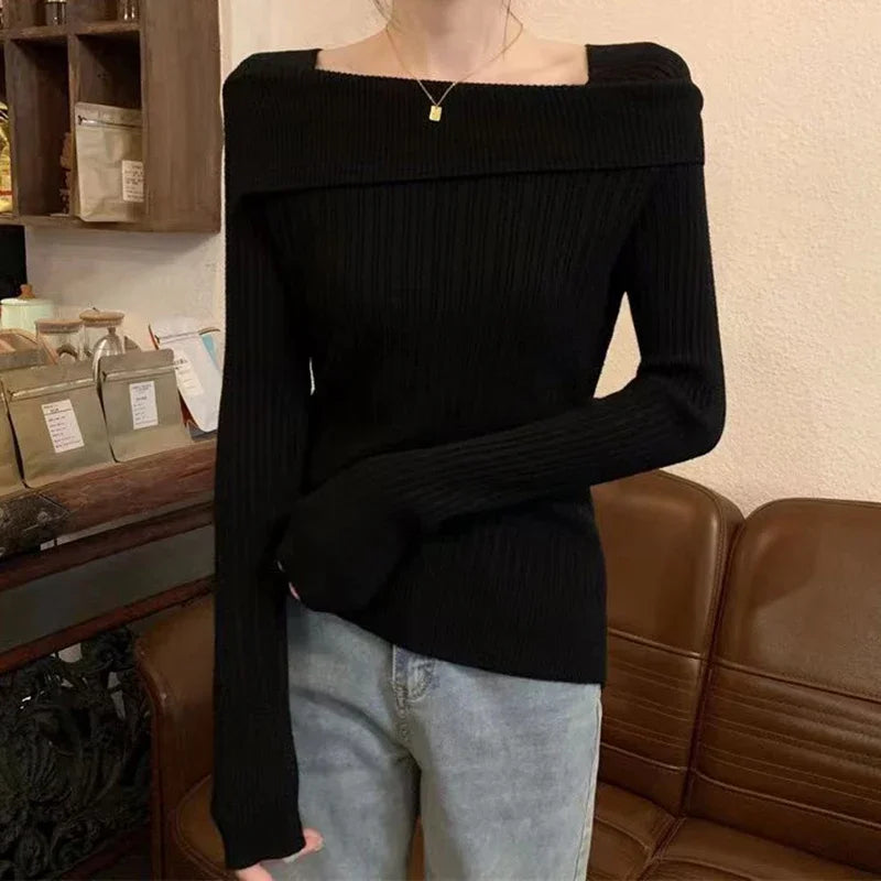 CITSLX Women Slim Off Shoulder Knit Sweater Slash Neck Long Sleeve Knitwear Jumpers Office Sweater For Women 2024 Autumn Winter