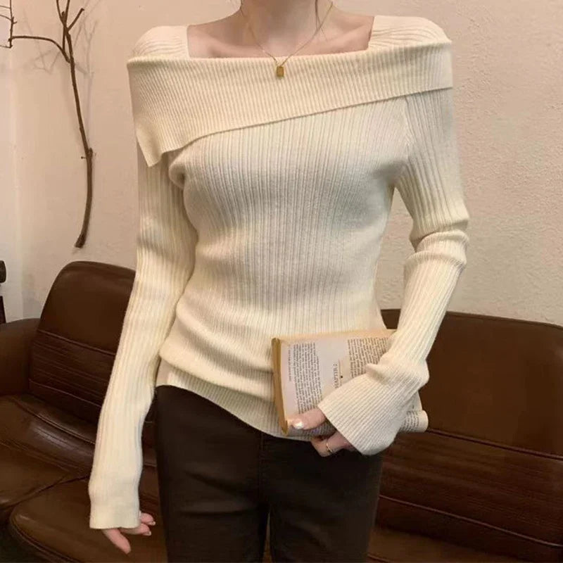 CITSLX Women Slim Off Shoulder Knit Sweater Slash Neck Long Sleeve Knitwear Jumpers Office Sweater For Women 2024 Autumn Winter