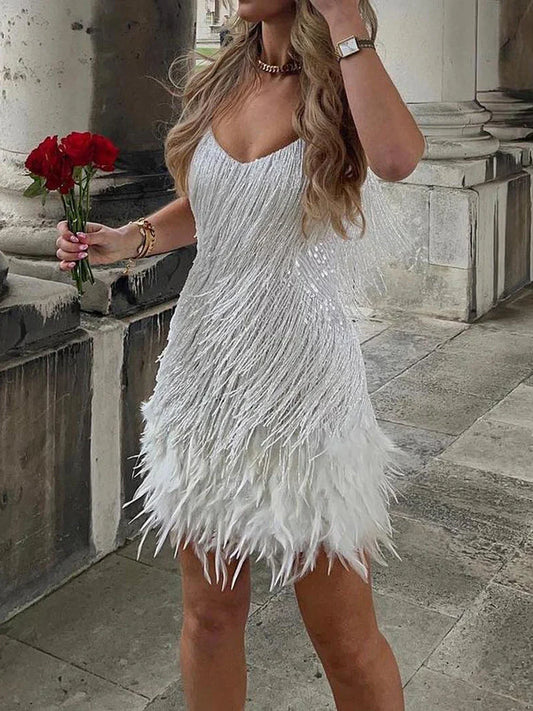 CITSLX Women Sling Sequined  Evening Dress Luxury Sleeveless V Neck Tassels Feather Club Party Summer Short Dress vestidos para mujer