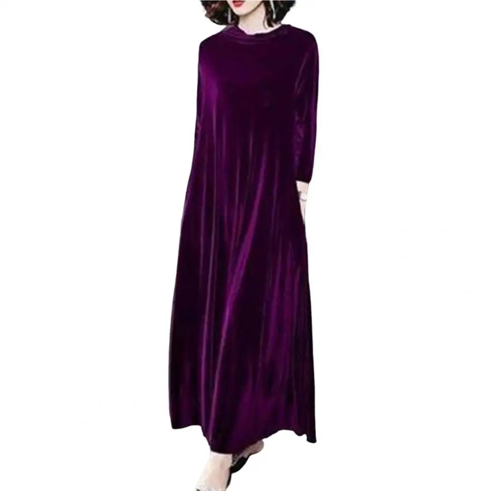 CITSLX Women Solid Color Velvet Long Dress Pile CollarA Line High Waisted Autumn Dress Pleated Loose Hem Plush Velvet Maxi Dresses