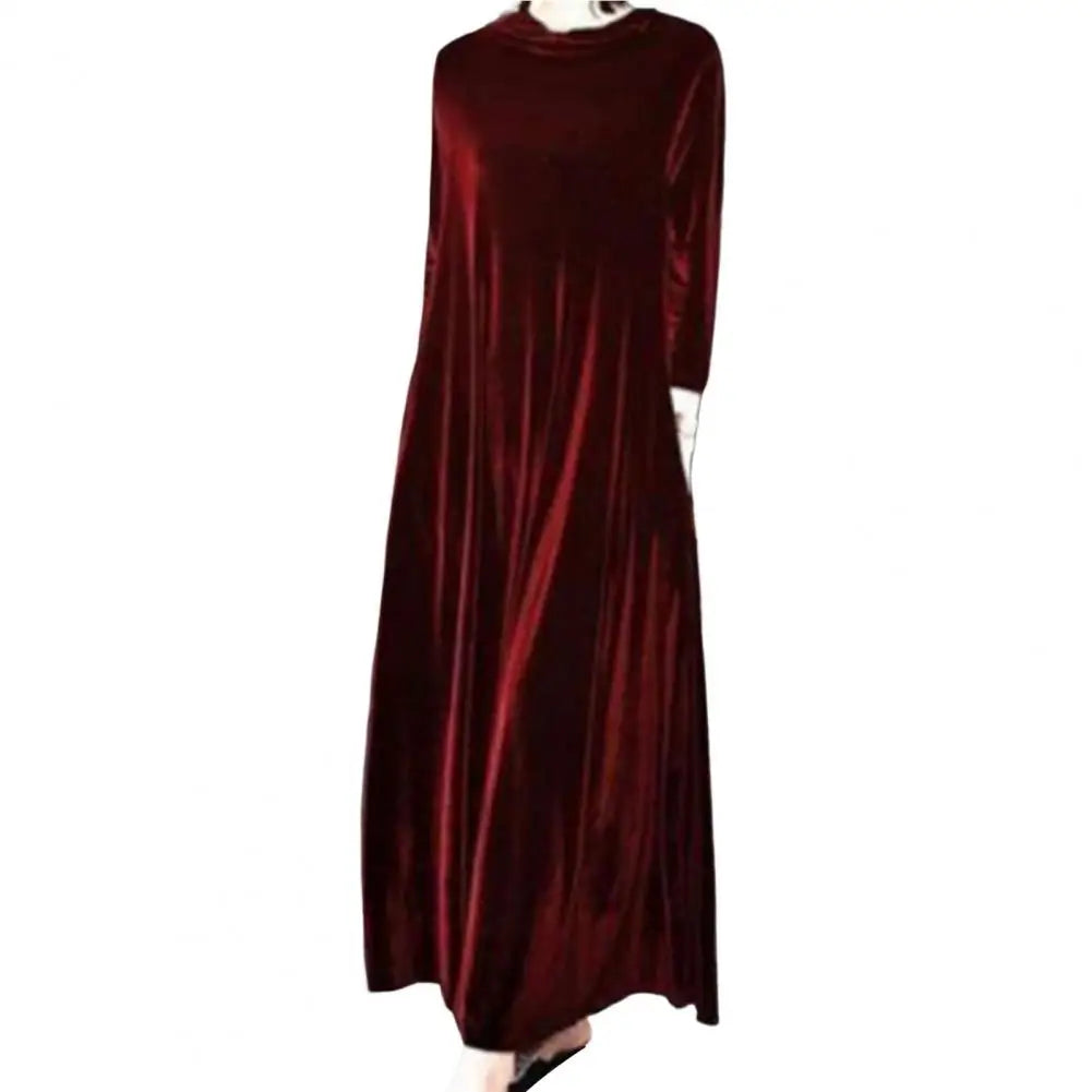 CITSLX Women Solid Color Velvet Long Dress Pile CollarA Line High Waisted Autumn Dress Pleated Loose Hem Plush Velvet Maxi Dresses