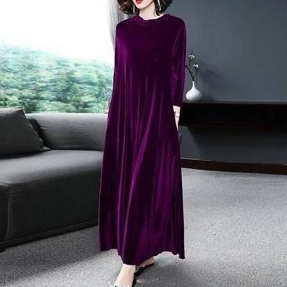 CITSLX Women Solid Color Velvet Long Dress Pile CollarA Line High Waisted Autumn Dress Pleated Loose Hem Plush Velvet Maxi Dresses