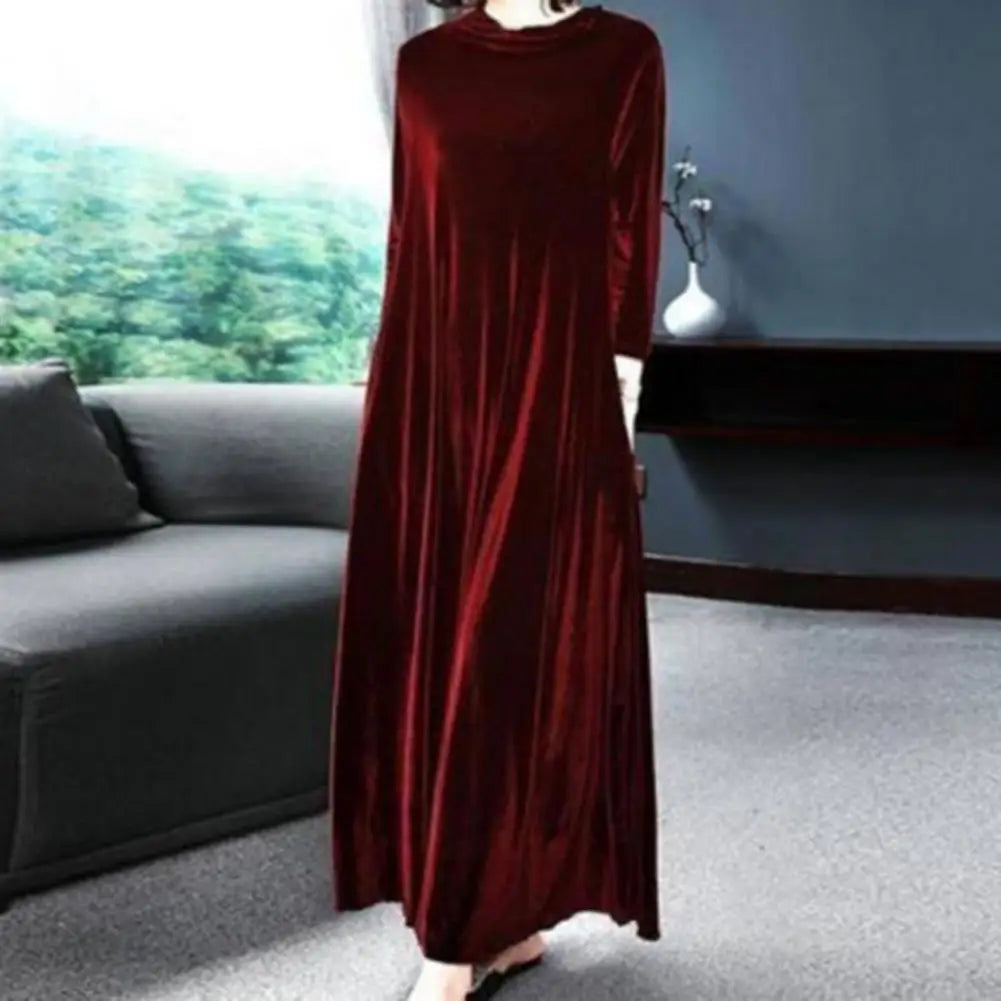 CITSLX Women Solid Color Velvet Long Dress Pile CollarA Line High Waisted Autumn Dress Pleated Loose Hem Plush Velvet Maxi Dresses