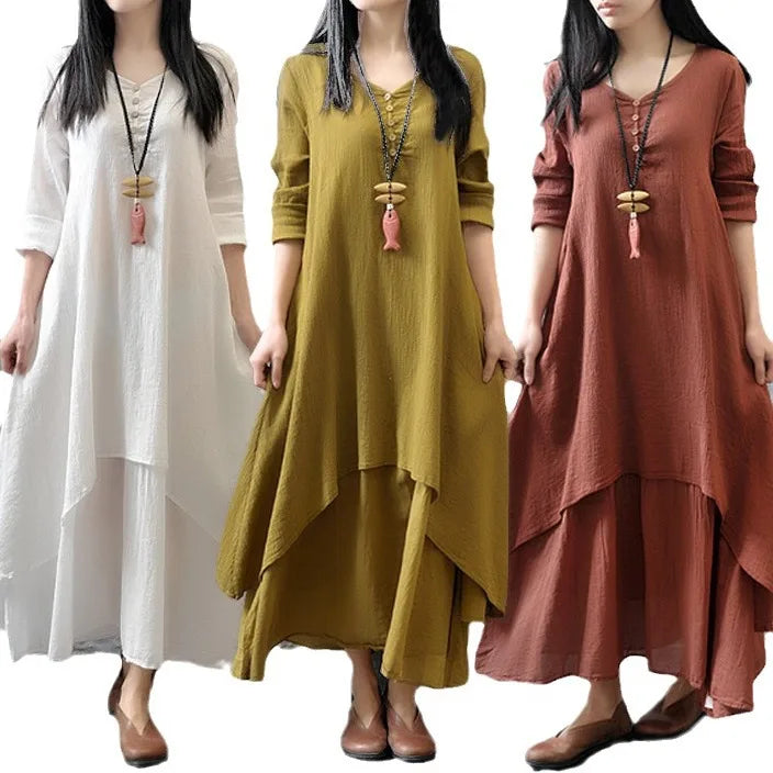 CITSLX Women Spring Loose Vintage Ruffles Befree Big Large Dress Button Summer Full Long Sleeve Party Elegant Maxi Dresses