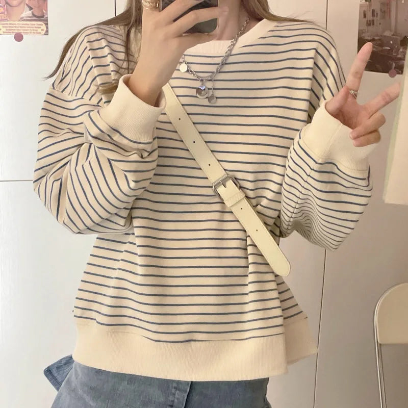 CITSLX Women Striped Print Long Sleeve Loose T-shirts Spring Summer O-Neck Tee Tops CDPF-6874