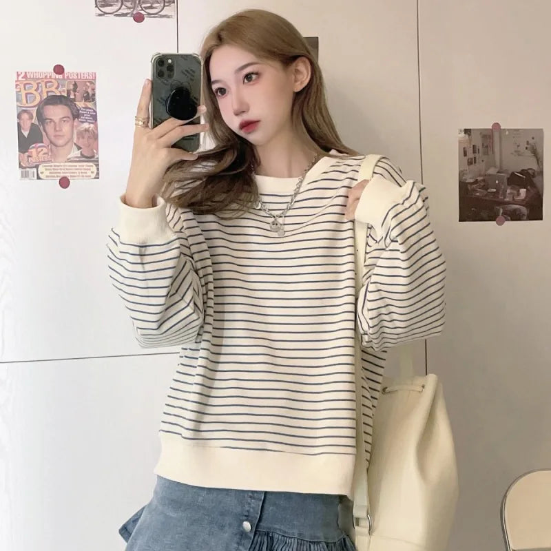 CITSLX Women Striped Print Long Sleeve Loose T-shirts Spring Summer O-Neck Tee Tops CDPF-6874