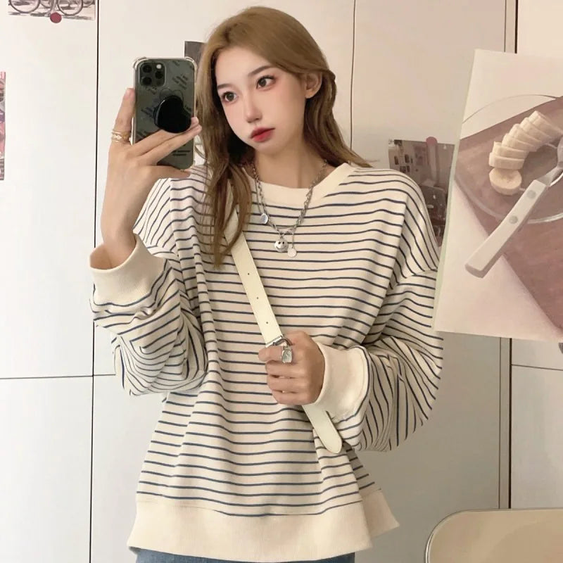 CITSLX Women Striped Print Long Sleeve Loose T-shirts Spring Summer O-Neck Tee Tops CDPF-6874