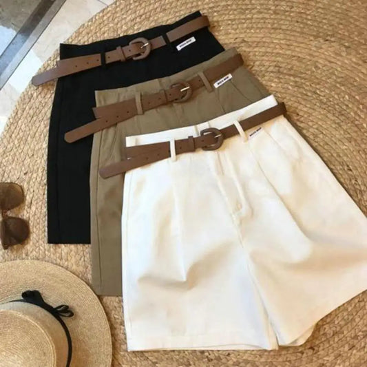 CITSLX Women Suit Shorts With Belt Korean High Waist A-line Loose Mini Shorts Loose Pockets OL Style Mini Shorts Summer Casual Pants