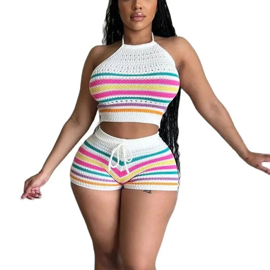 CITSLX Women Suits Hhanging Neck Lace-up Sleeveless Backless Tops Female Casual Knitted Rainbow Stripes Two Piece Sets Slim Fit Shorts