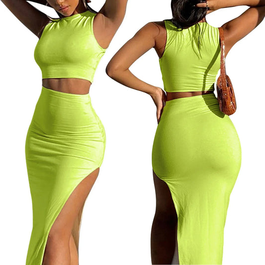 CITSLX Women Summer 2 Pieces Outfits Solid Color Crew Neck Sleeveless Tank Tops Wrapped Hip High Slit Long Skirts Set