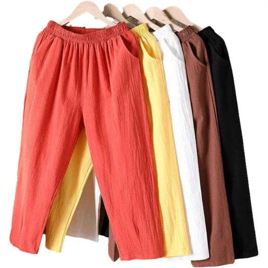 CITSLX Women Summer Casual Loose Harem Elastic Waist Cotton Linen Pants Ninth Trousers