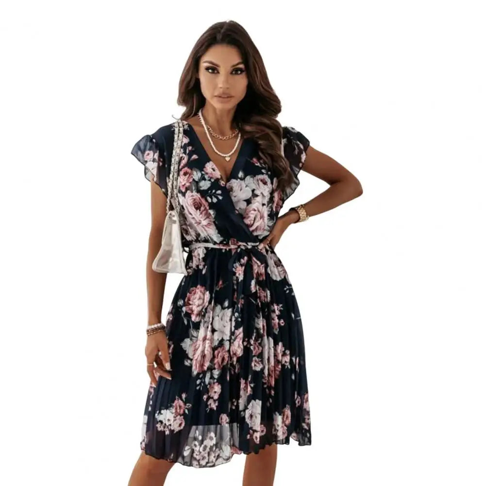 CITSLX Women Summer Dress Deep V Neck Ruffle Flower Print Pleated Tight Waist Dress-up Short Sleeves Rich Colors Women Beach Dress Wome