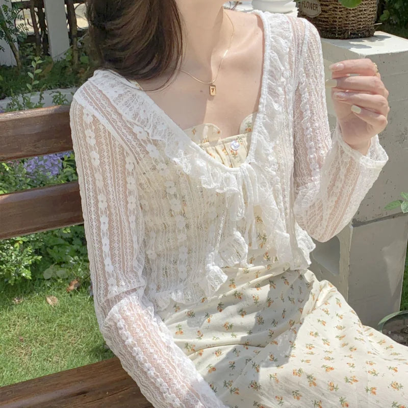 CITSLX Women Summer Sun Protection Coat Lace Bow Ruffle Cardigan Shirt Female Blouse Tops for Woman Covers Blusa White Y2K Korean Shirt