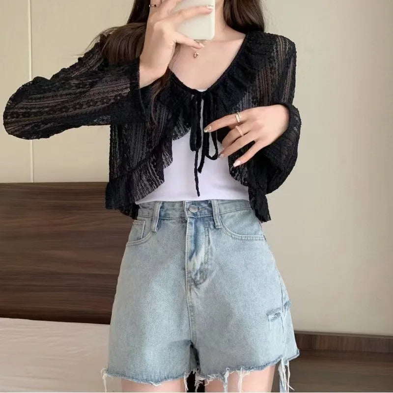 CITSLX Women Summer Sun Protection Coat Lace Bow Ruffle Cardigan Shirt Female Blouse Tops for Woman Covers Blusa White Y2K Korean Shirt