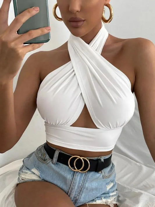 CITSLX Women Summer Tank Tops Sexy Solid Color Cross Halter Neck Push Up Hollow Crop Tops High Street Wear 2024 New Fashion