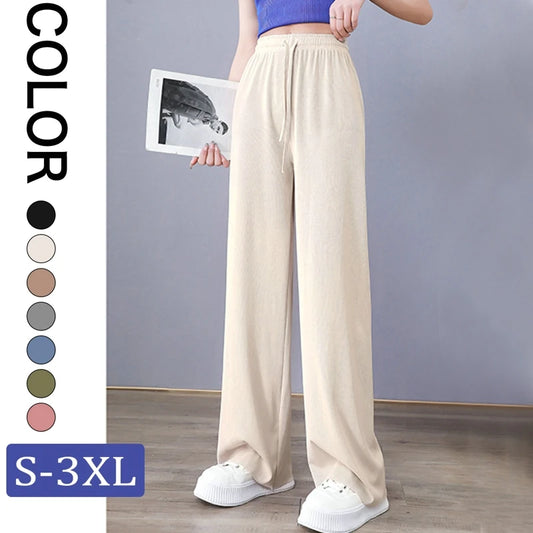 CITSLX Women Summer Wide Leg Pants Drawstring Pants High Waist Straight Pant Korean Loose Sweatpants Long Trousers Ice Silk Pants