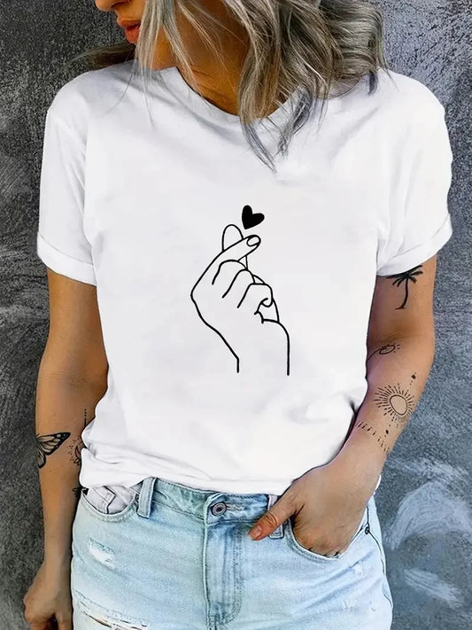 CITSLX Women T Shirt Cute Finger Heart Print Tops Tee Black T-shirt Female Summer T-shirt 90s Girls Graphic Female Cute Short Sleeves