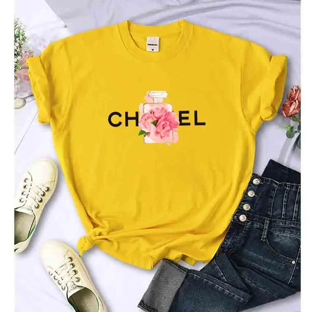 CITSLX Women T Shirt Summer Cotton Alphabet Flowers Perfume Blouse Fashion Print Graphic Tees Brand Quality Short Sleeve Tops Clothes