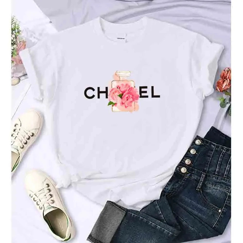 CITSLX Women T Shirt Summer Cotton Alphabet Flowers Perfume Blouse Fashion Print Graphic Tees Brand Quality Short Sleeve Tops Clothes