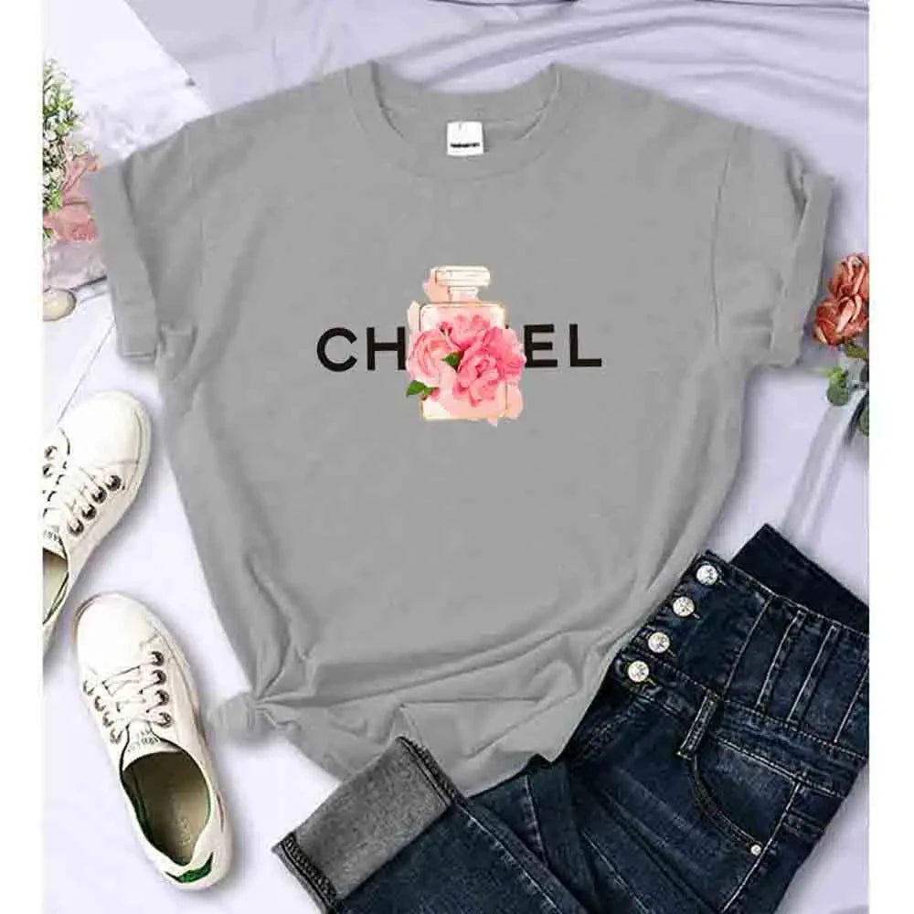 CITSLX Women T Shirt Summer Cotton Alphabet Flowers Perfume Blouse Fashion Print Graphic Tees Brand Quality Short Sleeve Tops Clothes