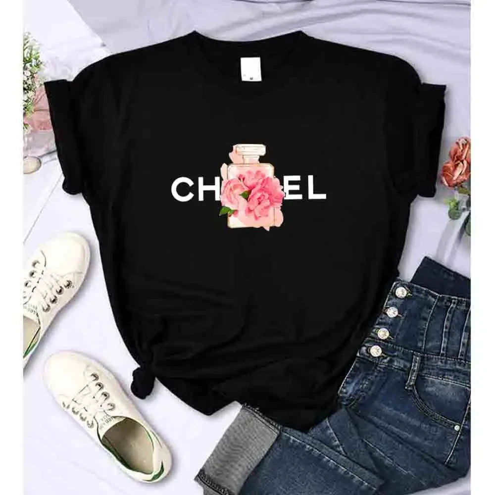 CITSLX Women T Shirt Summer Cotton Alphabet Flowers Perfume Blouse Fashion Print Graphic Tees Brand Quality Short Sleeve Tops Clothes