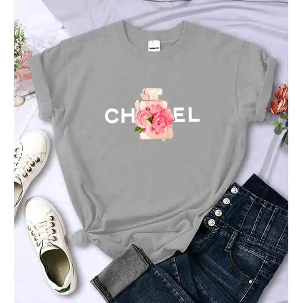 CITSLX Women T Shirt Summer Cotton Alphabet Flowers Perfume Blouse Fashion Print Graphic Tees Brand Quality Short Sleeve Tops Clothes