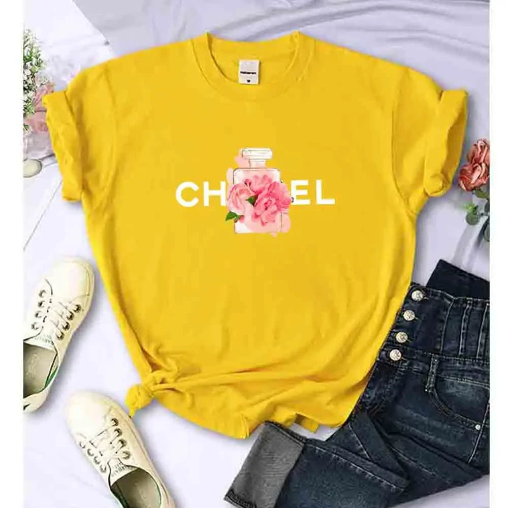 CITSLX Women T Shirt Summer Cotton Alphabet Flowers Perfume Blouse Fashion Print Graphic Tees Brand Quality Short Sleeve Tops Clothes