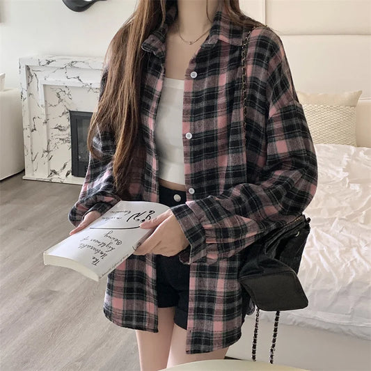 CITSLX Women Tartan Shirt Long Sleeve Collared Button Up Oversized Plaid Shirt Flannel Jacket Grunge Teenage Girl Spring Summer Outfit