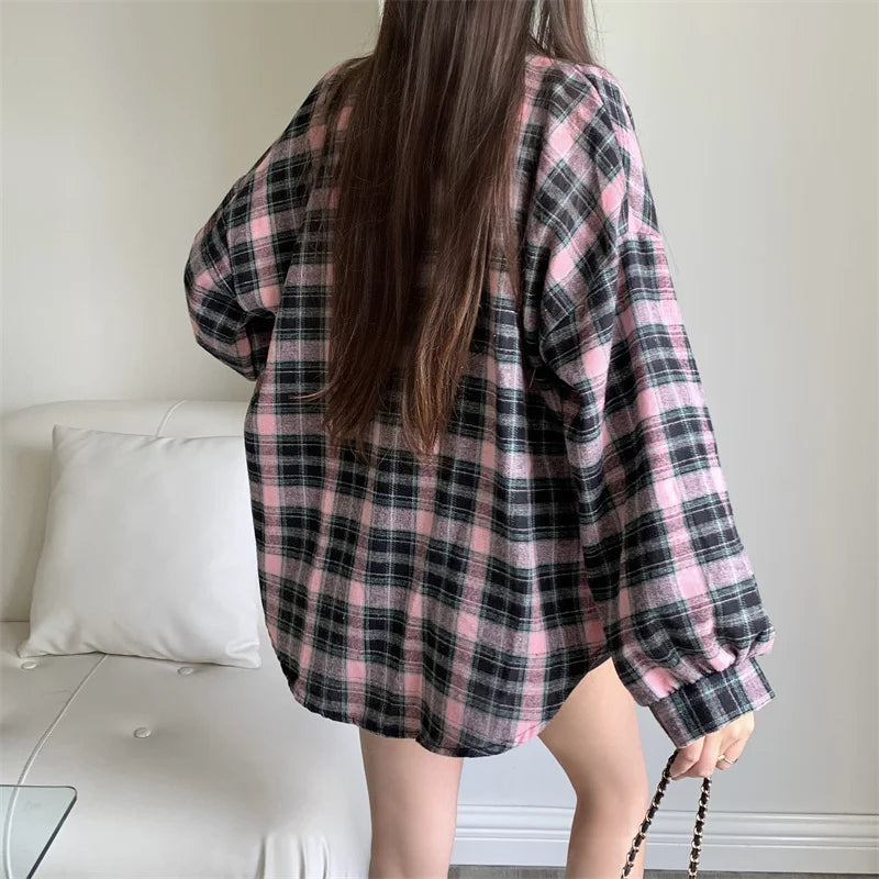 CITSLX Women Tartan Shirt Long Sleeve Collared Button Up Oversized Plaid Shirt Flannel Jacket Grunge Teenage Girl Spring Summer Outfit