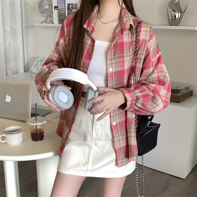 CITSLX Women Tartan Shirt Long Sleeve Collared Button Up Oversized Plaid Shirt Flannel Jacket Grunge Teenage Girl Spring Summer Outfit