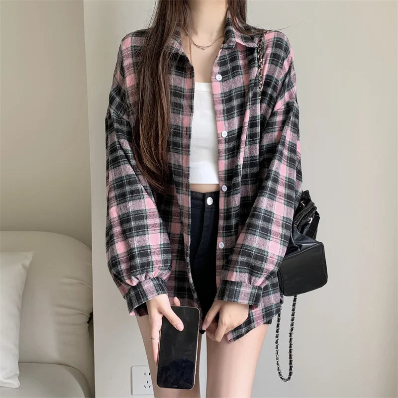 CITSLX Women Tartan Shirt Long Sleeve Collared Button Up Oversized Plaid Shirt Flannel Jacket Grunge Teenage Girl Spring Summer Outfit