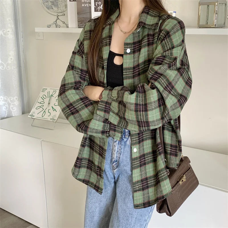 CITSLX Women Tartan Shirt Long Sleeve Collared Button Up Oversized Plaid Shirt Flannel Jacket Grunge Teenage Girl Spring Summer Outfit