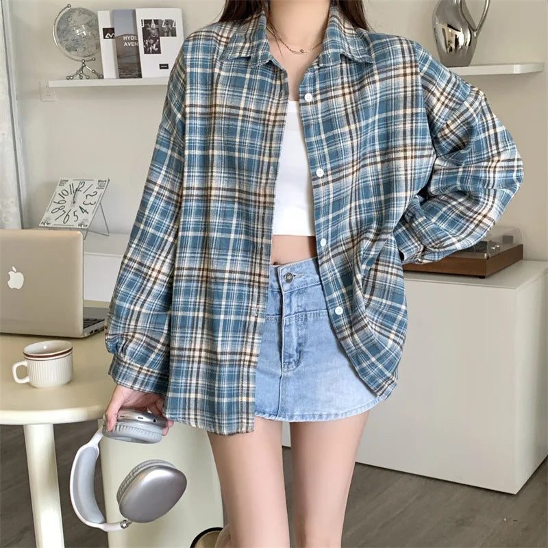 CITSLX Women Tartan Shirt Long Sleeve Collared Button Up Oversized Plaid Shirt Flannel Jacket Grunge Teenage Girl Spring Summer Outfit